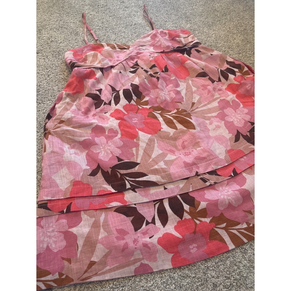MINKPINK Pink Floral Midi Dress L Linen Blend Smocked Ruched Resort